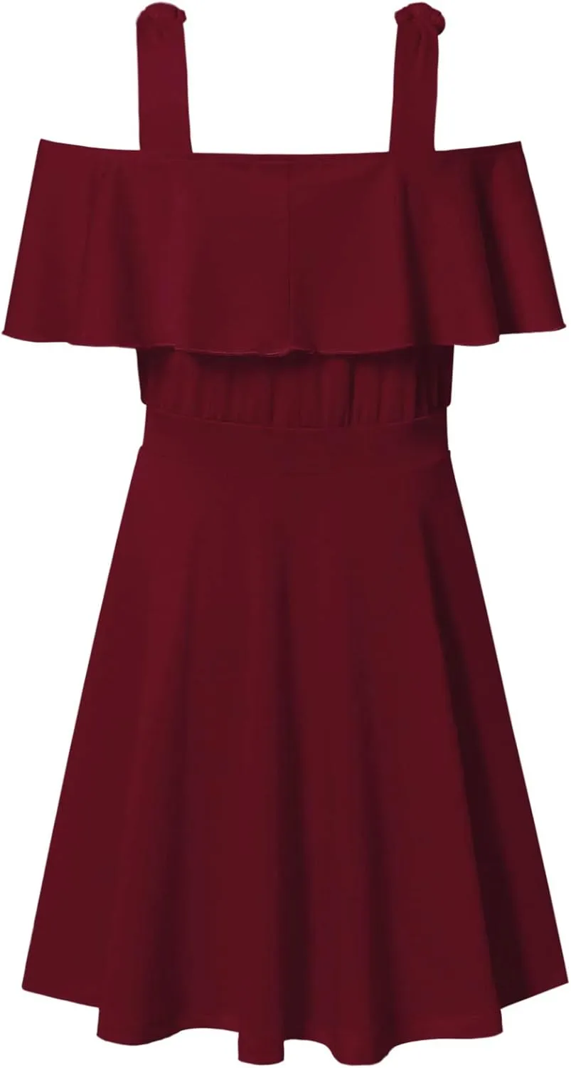 Mirawise Girl's Tie Shoulder Sleeveless Ruffle Summer Casual Cotton Sundress A-line Swing Dress for 4-12 Years Kids