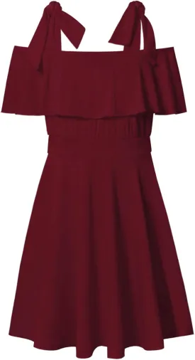 Mirawise Girl's Tie Shoulder Sleeveless Ruffle Summer Casual Cotton Sundress A-line Swing Dress for 4-12 Years Kids
