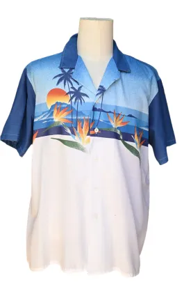 Oceanaire Vintage 70s Hawaiian Shirt, Bird of Paradise Palm Trees Sun Silhouette Aloha Shirt XL
