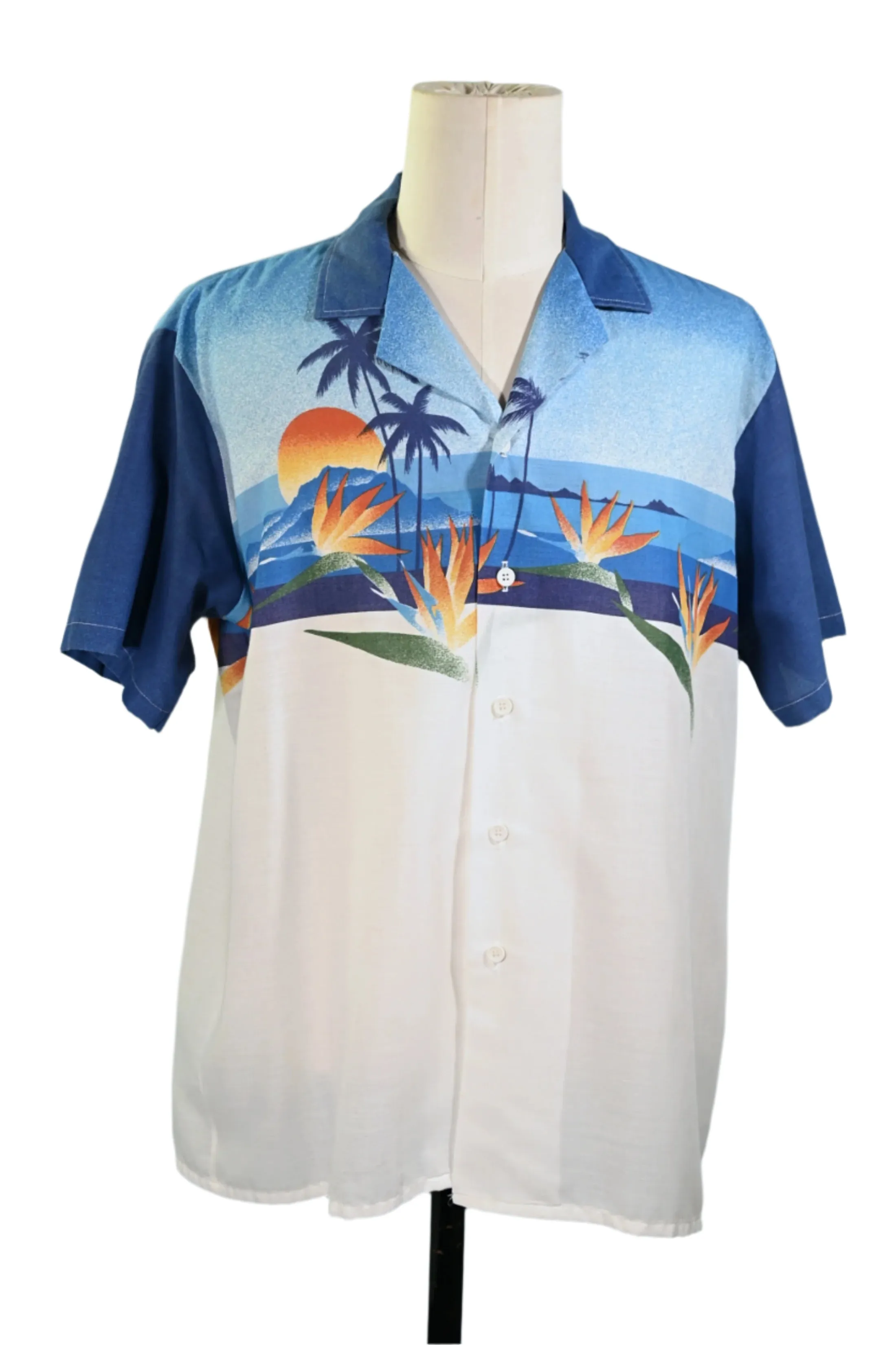 Oceanaire Vintage 70s Hawaiian Shirt, Bird of Paradise Palm Trees Sun Silhouette Aloha Shirt XL