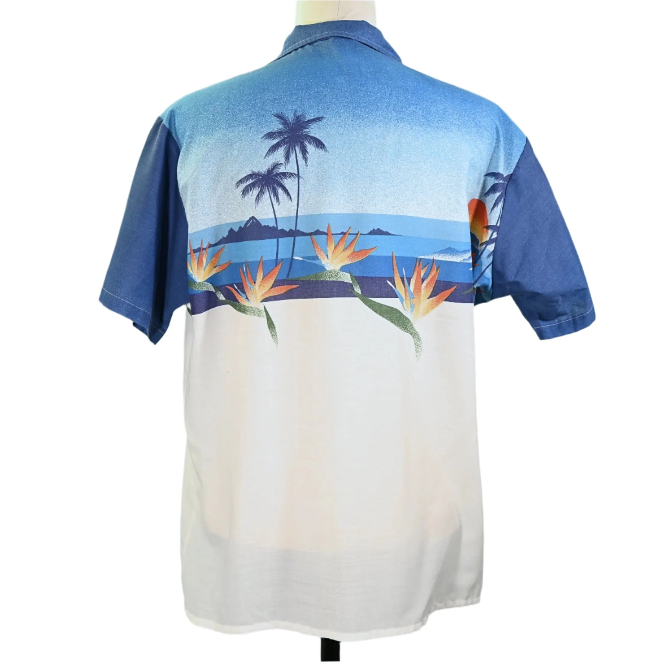 Oceanaire Vintage 70s Hawaiian Shirt, Bird of Paradise Palm Trees Sun Silhouette Aloha Shirt XL
