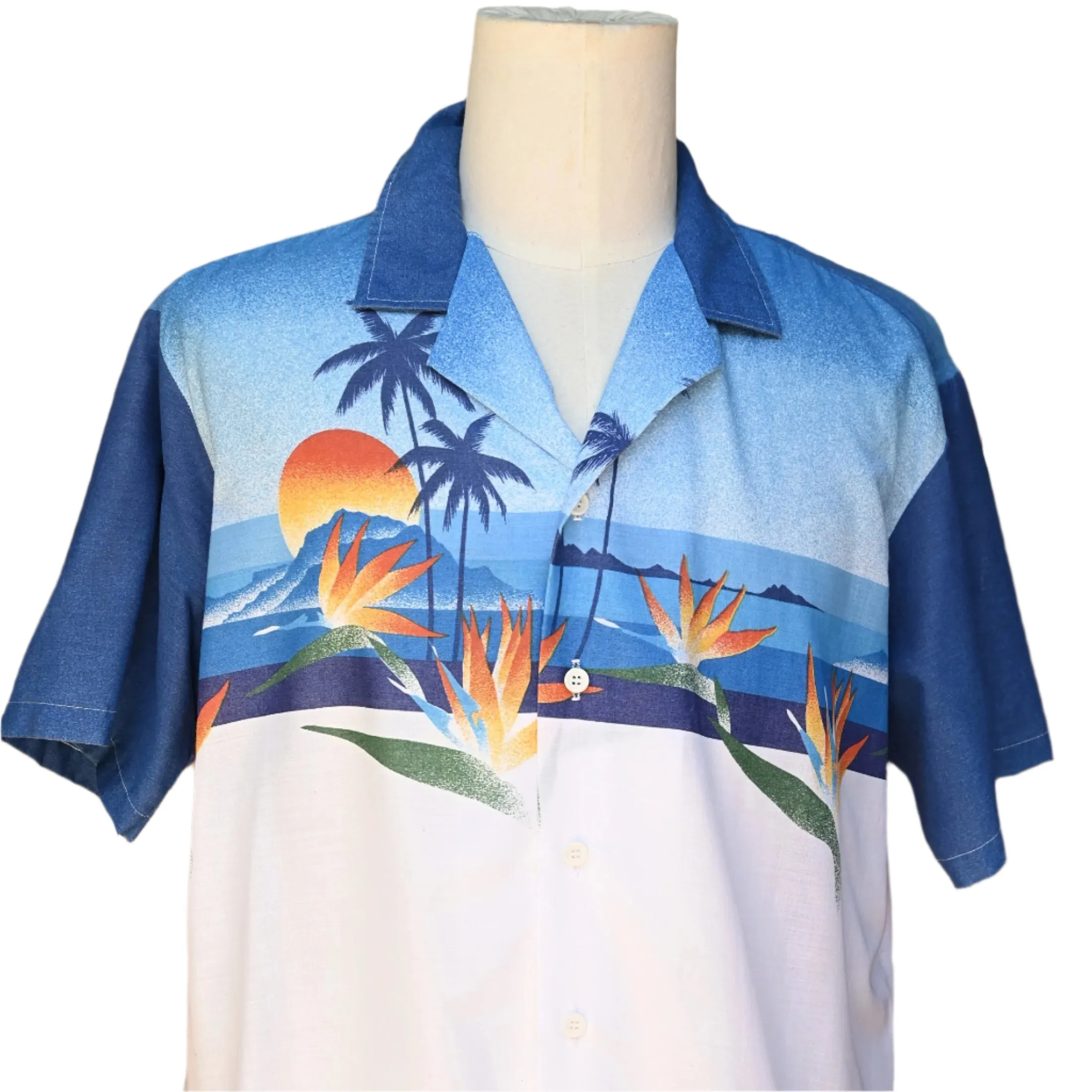 Oceanaire Vintage 70s Hawaiian Shirt, Bird of Paradise Palm Trees Sun Silhouette Aloha Shirt XL