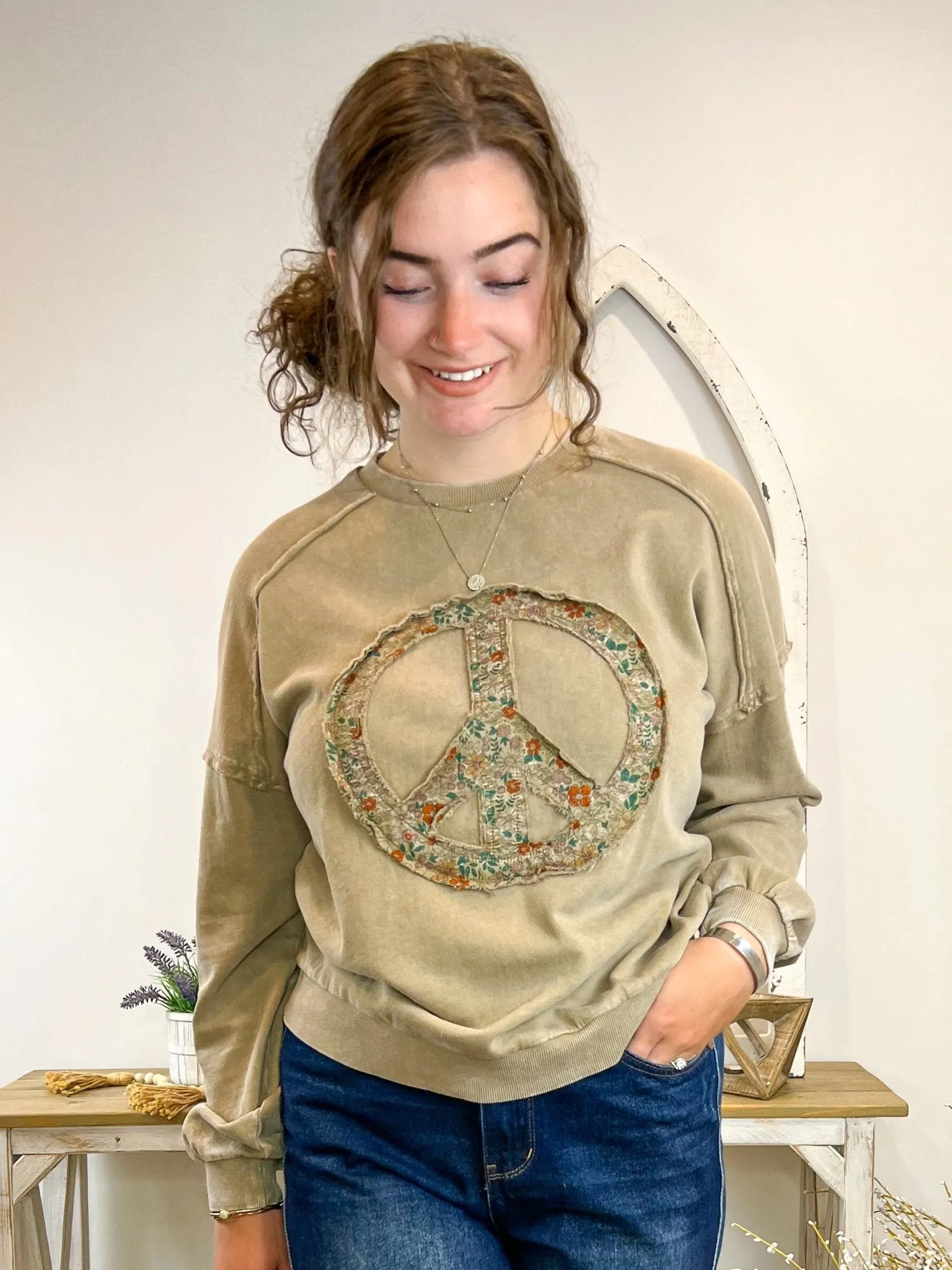 Peace Sign Sweatshirt Washed Terry Knit Pullover