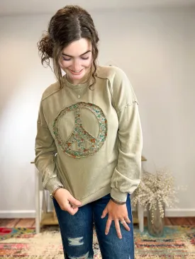 Peace Sign Sweatshirt Washed Terry Knit Pullover