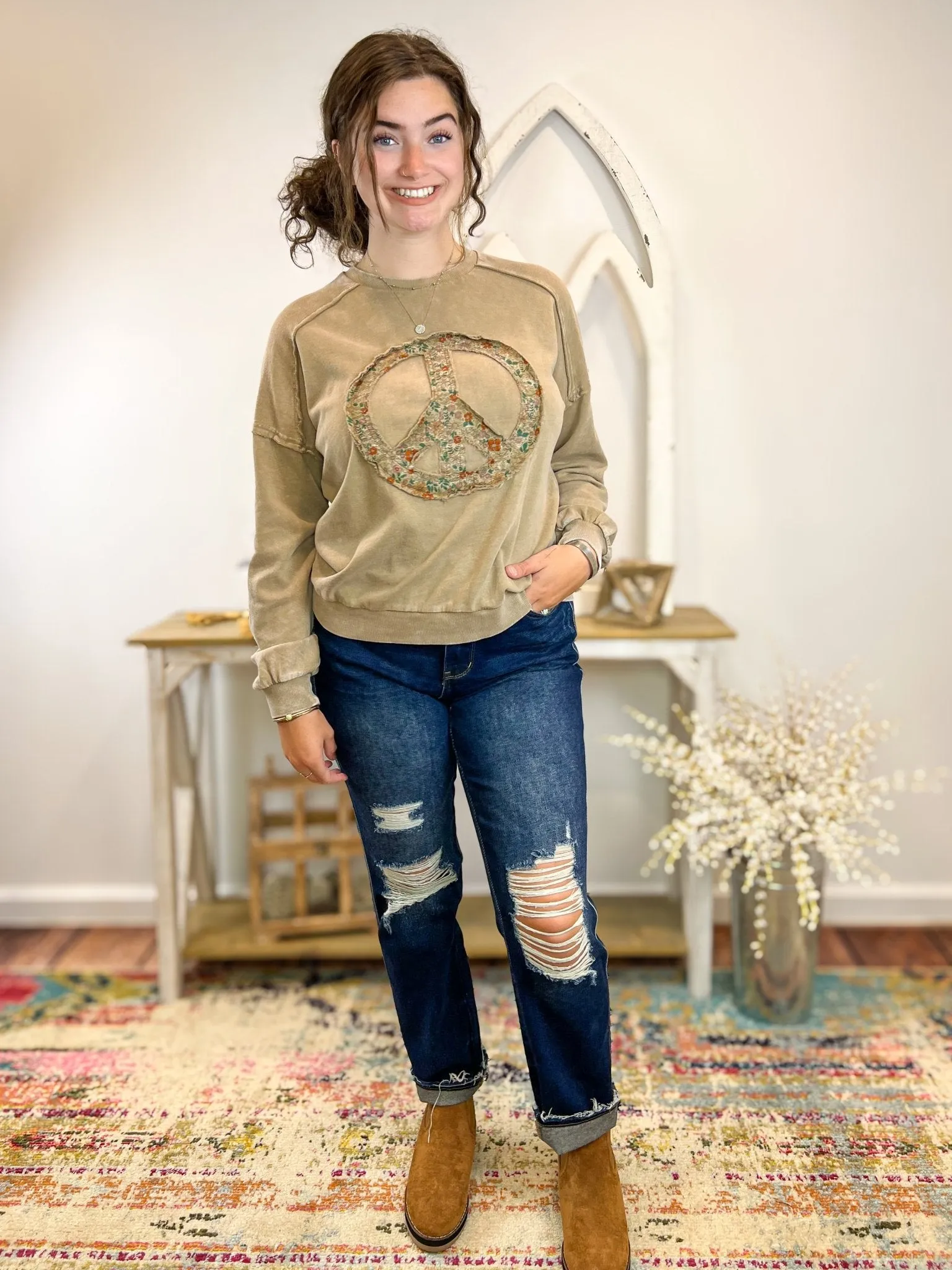 Peace Sign Sweatshirt Washed Terry Knit Pullover