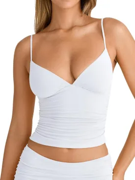 PINKMSTYLE Women's Sexy V Neck Ruched Cami Top Sleeveless Spaghetti Double Layer Fitted Crop Tank Tops