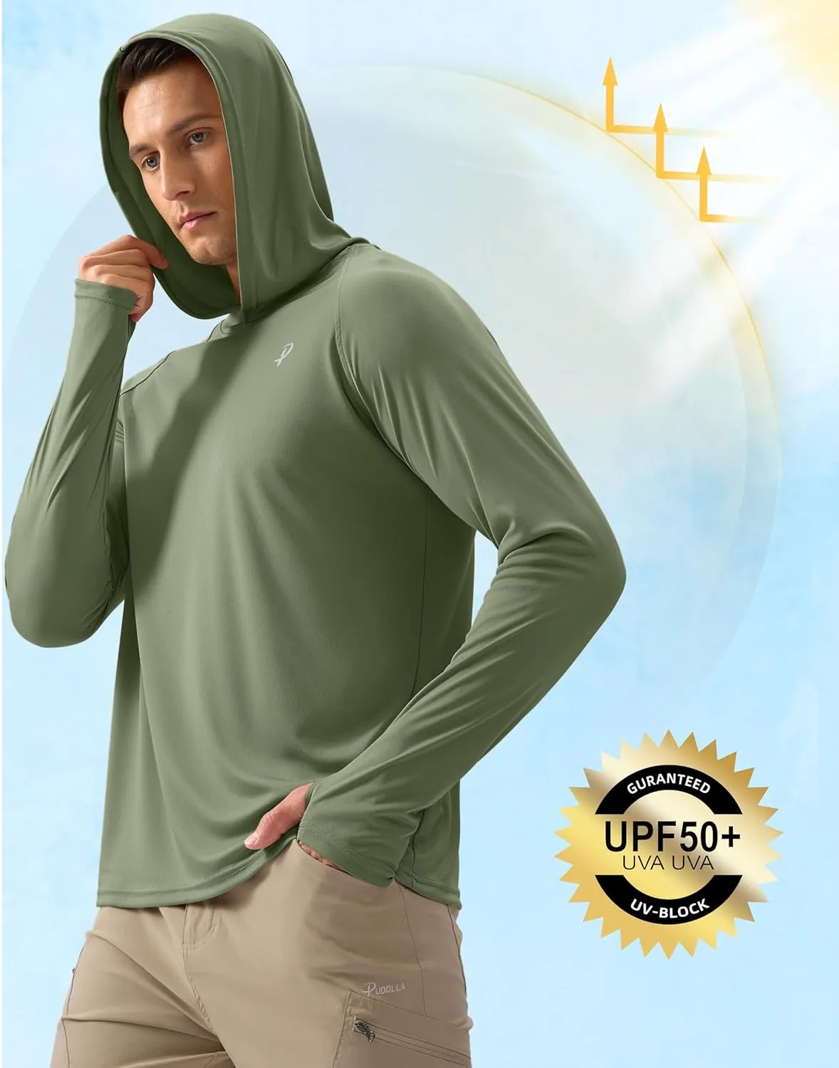 Pudolla Men's Sun Protection Hoodie Shirts UPF 50  Rash Guard SPF Long Sleeve Fishing Shirt for Men Swim Hiking Boating