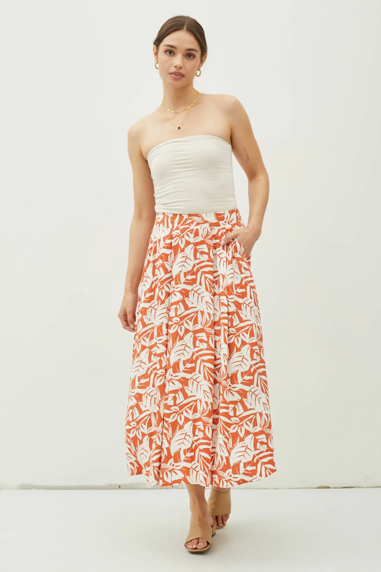 Sami - Tropical Print High Rise Pintucked Midi Skirt