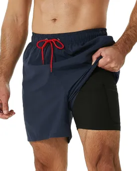 SILKWORLD Mens Swimming Trunks with Compression Liner 2 in 1 Quick-Dry Swim Shorts with Zipper Pockets