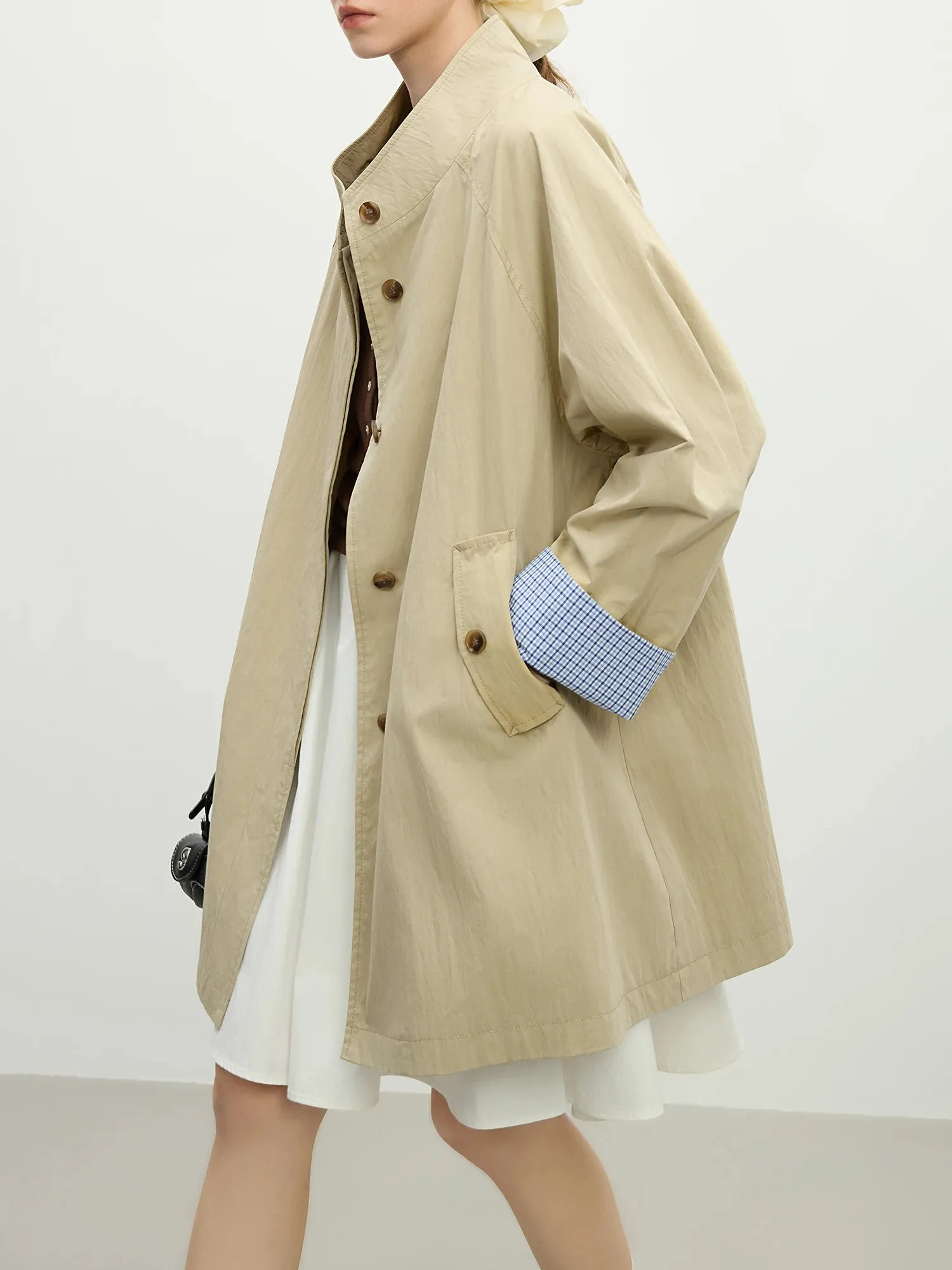 Stand Collar Loose Fit Khaki Single Breasted Trench Coat with Plaid Cuffs