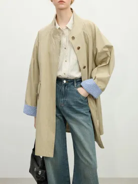 Stand Collar Loose Fit Khaki Single Breasted Trench Coat with Plaid Cuffs