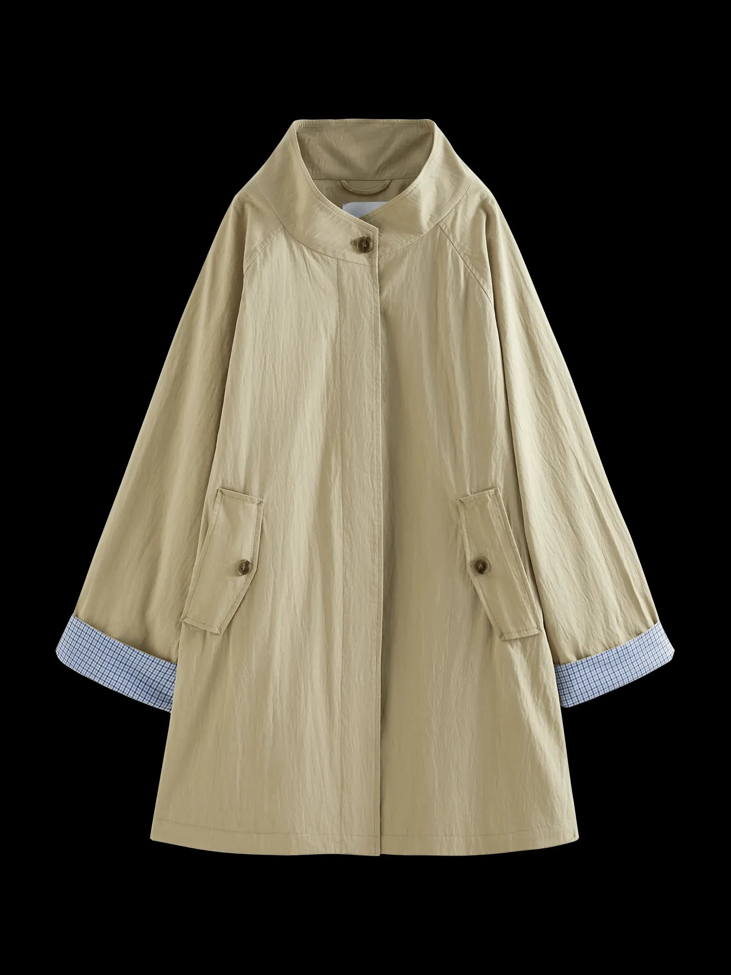 Stand Collar Loose Fit Khaki Single Breasted Trench Coat with Plaid Cuffs