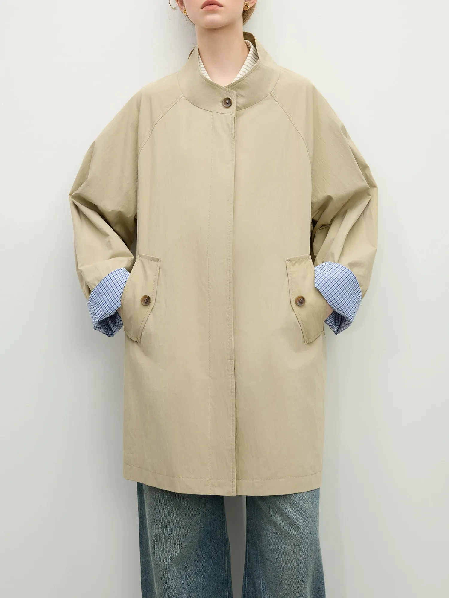 Stand Collar Loose Fit Khaki Single Breasted Trench Coat with Plaid Cuffs