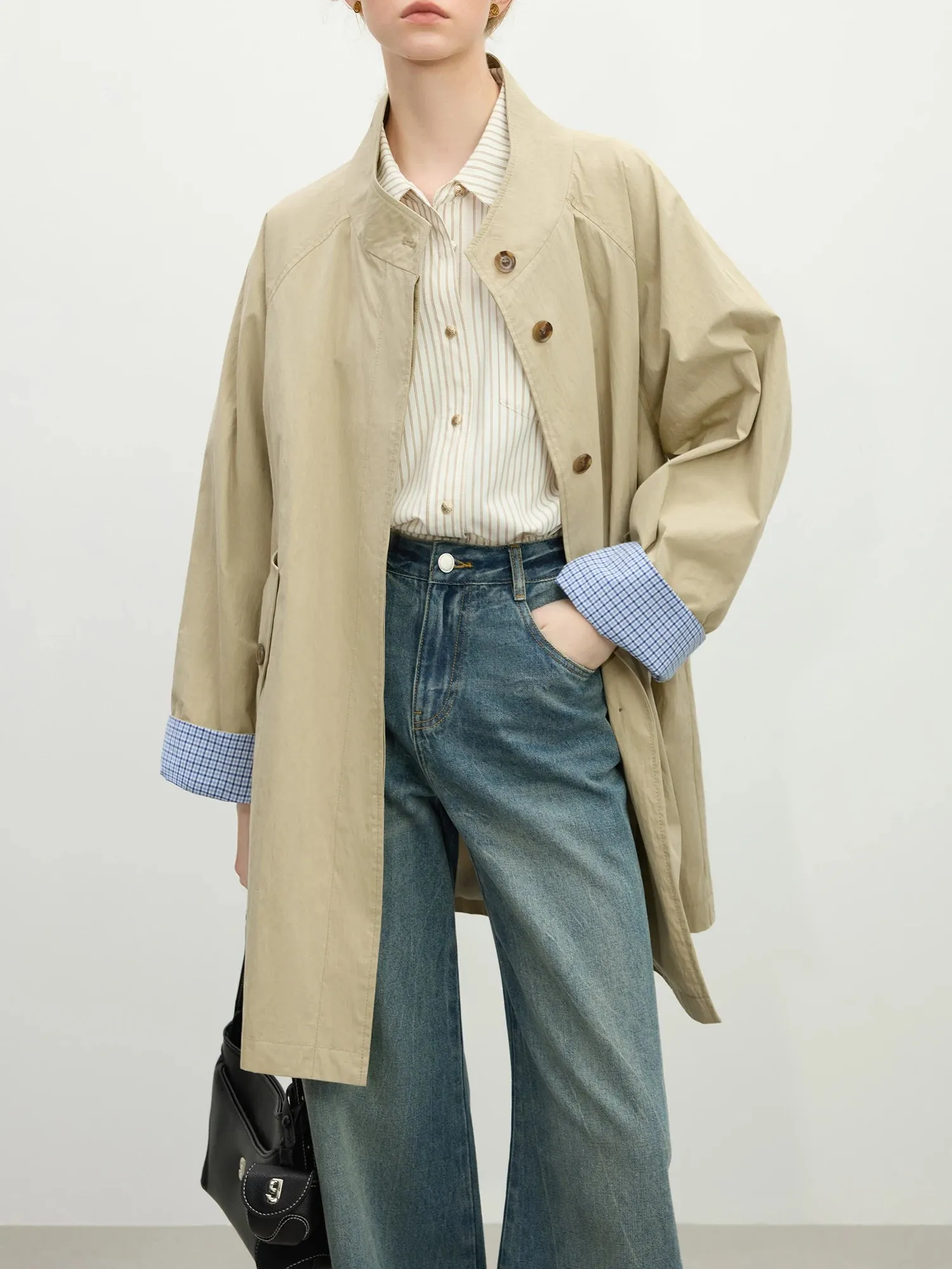 Stand Collar Loose Fit Khaki Single Breasted Trench Coat with Plaid Cuffs