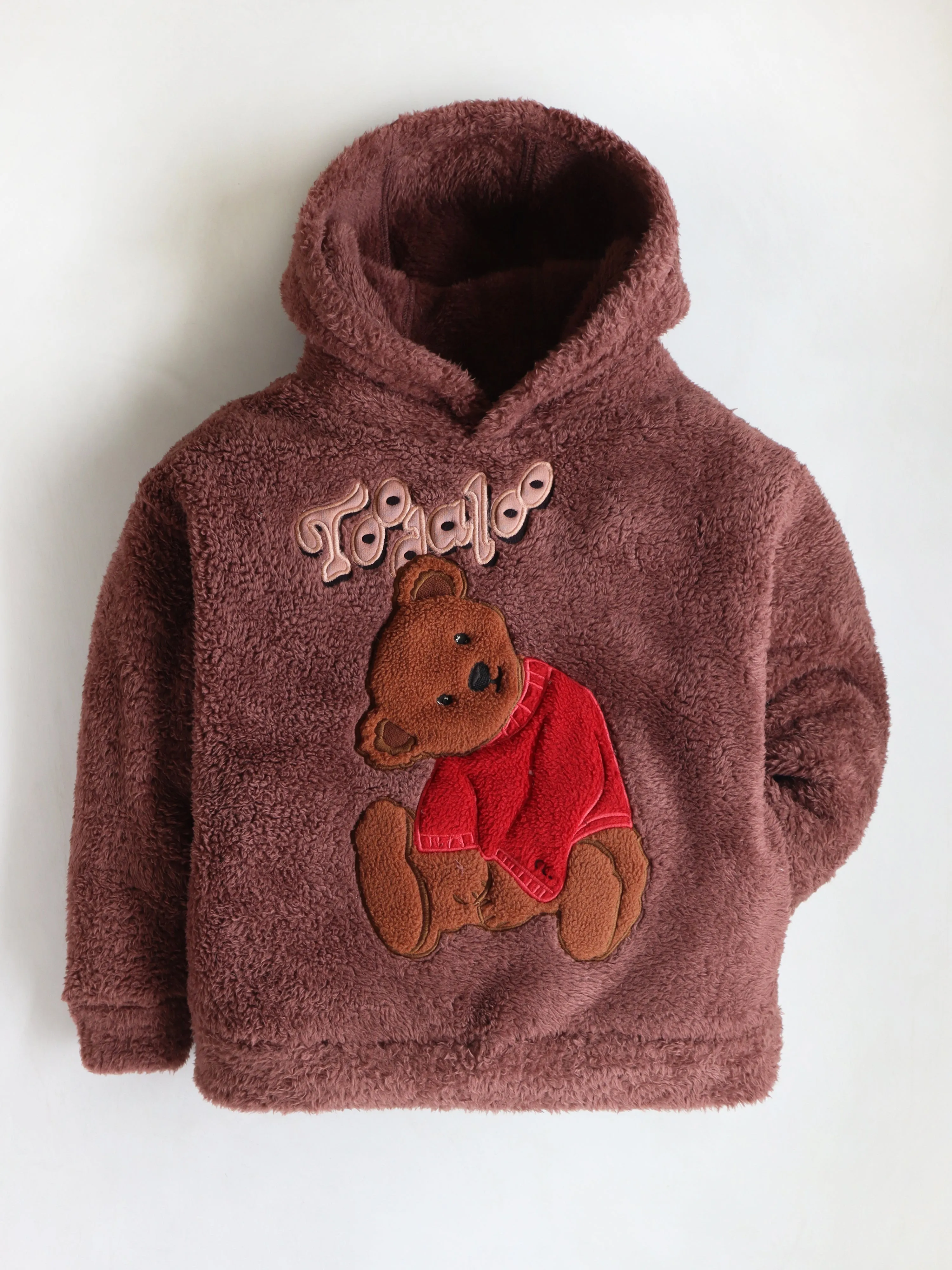 Unisex Solid Applique Wine Hooded Sweatshirt For Kids
