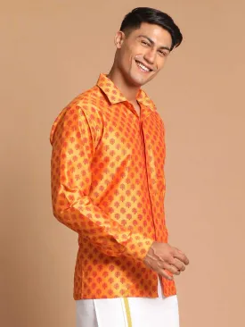 VASTRAMAY Men's Orange Silk Blend Printed Shirt