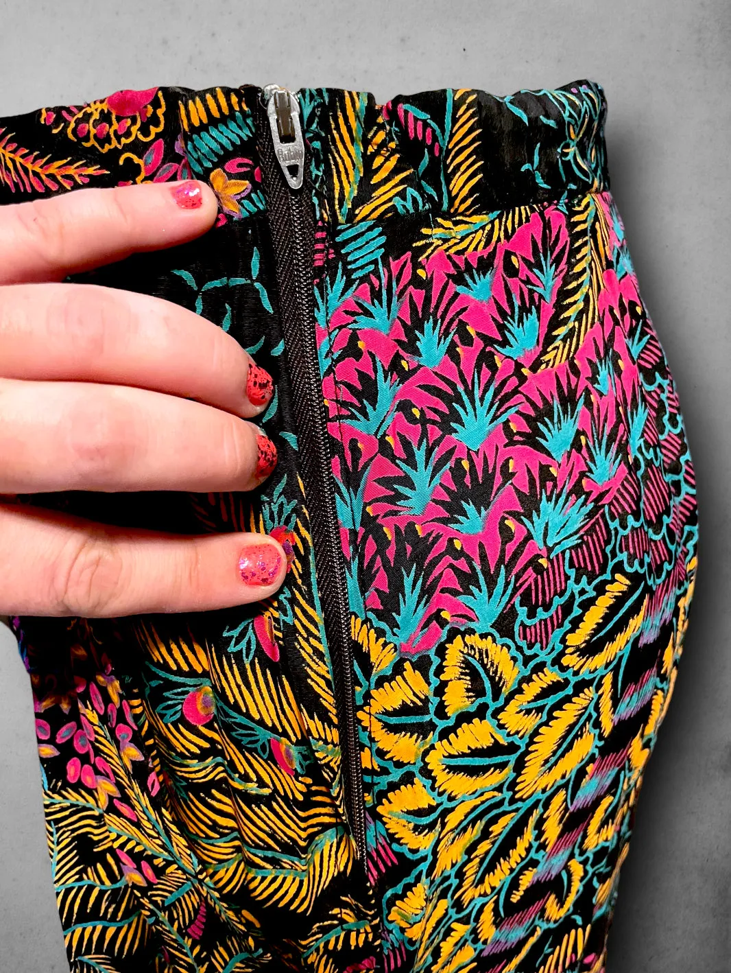 Vintage 90’s Jewel Tone & Black  Floral Print Long Pleated Skirt