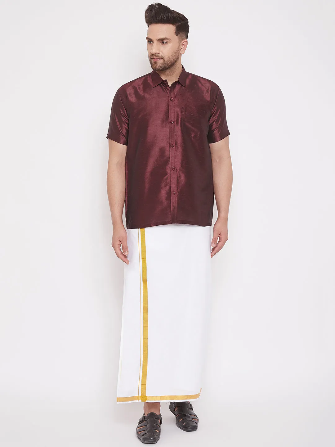VM BY VASTRAMAY Men's Wine Silk Blend Ethnic Shirt