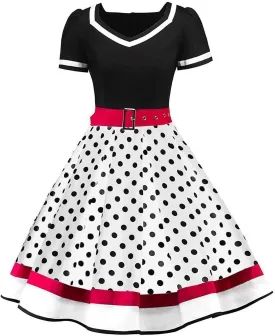 Women 1950s Vintage Short Sleeve Peter Pan Collar Retro Swing A Line Midi Summer Dress Cocktail Party Evening Prom Gown