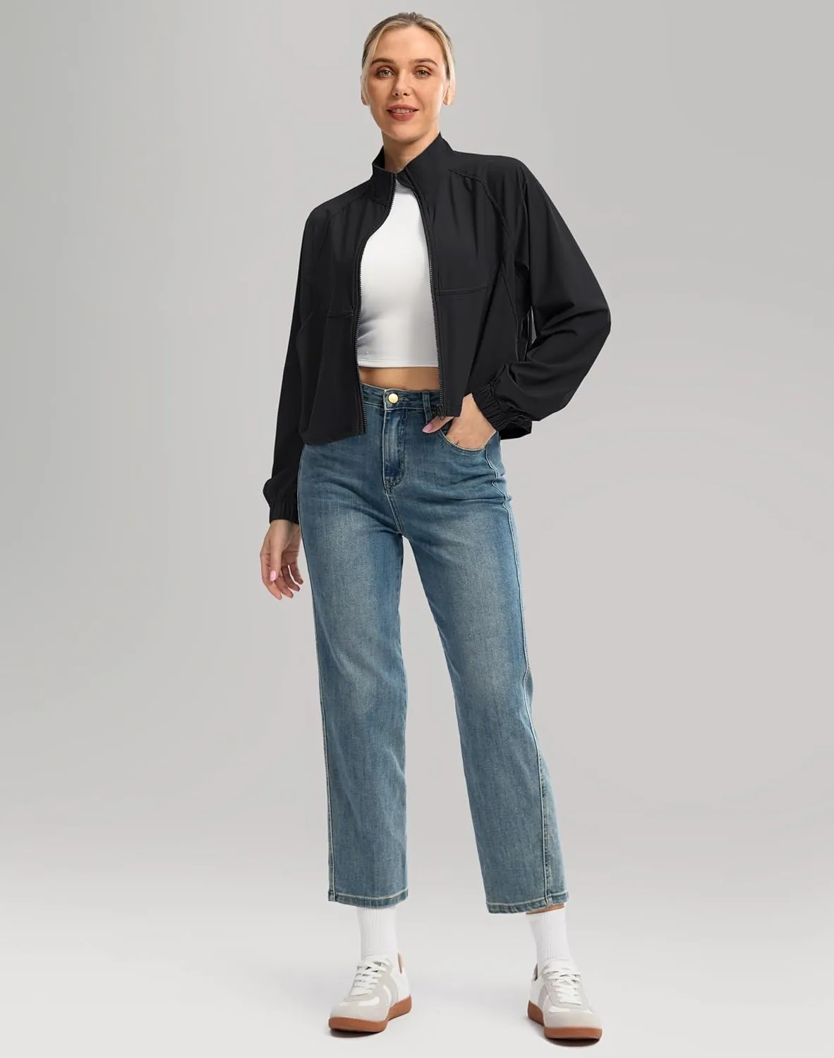 Women's Athletic Workout Jacket Lightweight UPF 50  Long Sleeve Sun Protection Shirts Zip Up Cropped Sun Jacket Hiking Tops