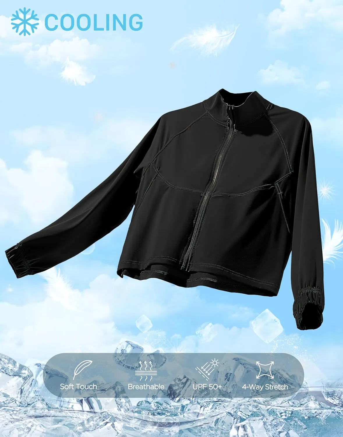 Women's Athletic Workout Jacket Lightweight UPF 50  Long Sleeve Sun Protection Shirts Zip Up Cropped Sun Jacket Hiking Tops